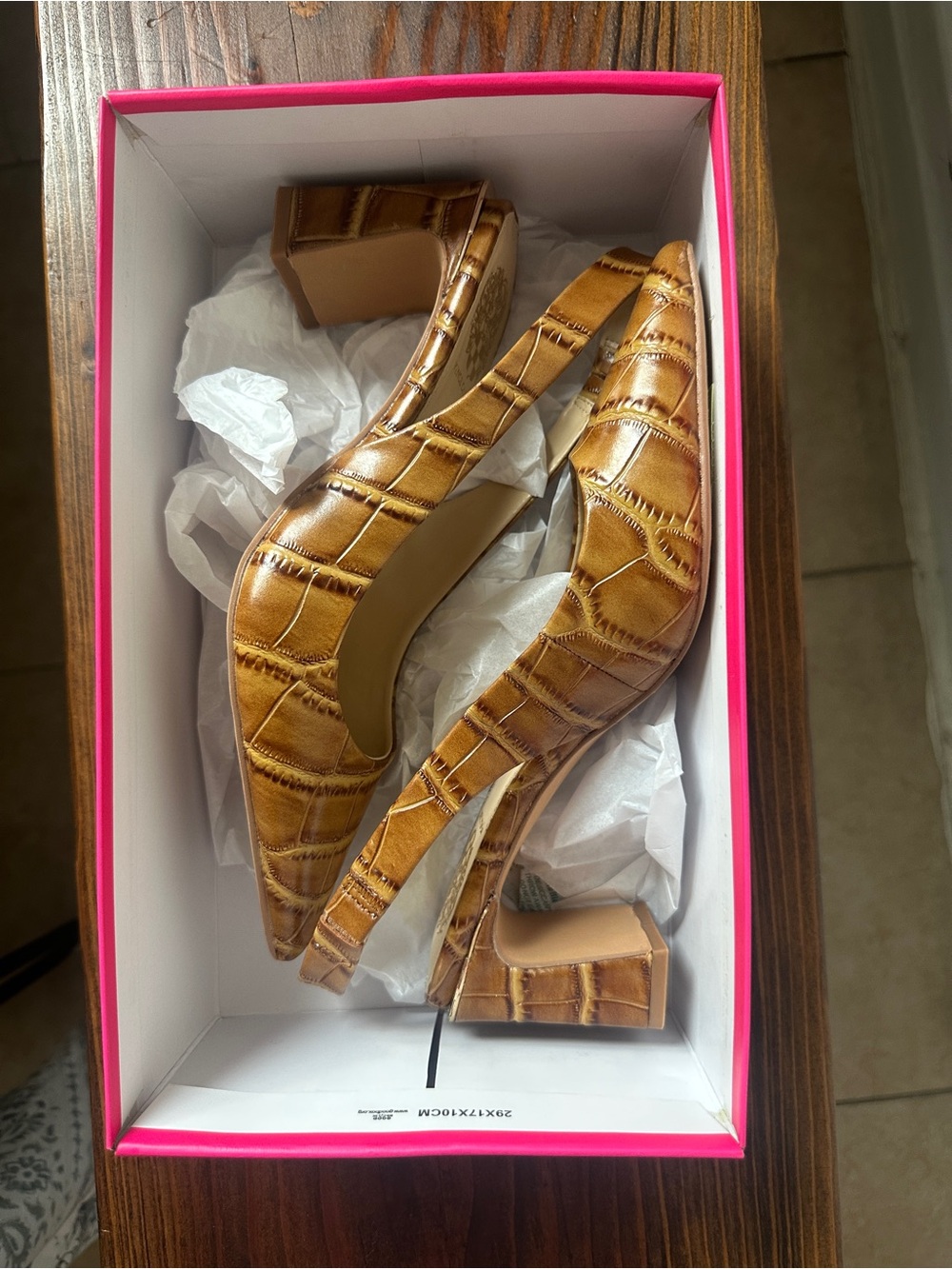 Brand New Caramel Croc-Embossed Slingback Block Heel Pumps